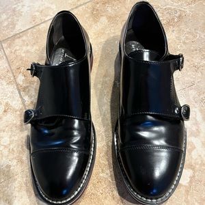 AGL monkstrap in black with maroon rubber sole